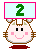 Pixelated cartoon cat head with pink cheeks and green ears, holding a light blue sign with green number 2 on top of its head.