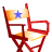 Pixelated image of two director's chairs with a flag featuring a blue star on an orange and white background.