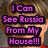 A pixelated image of a person with short brown hair and glasses, wearing red clothing, overlaid with purple text reading "I Can See Russia From My House!!!".