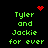 Green pixelated text 'Tyler and Jackie for ever' on black background with red heart and starburst symbols in four quadrants.