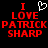 Red pixelated text on black background reads "I LOVE PATRICK SHARP" with a white heart symbol above the word I.