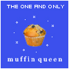 Blue background with pixelated text and a muffin icon surrounded by white stars.