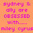 Pixelated text on an orange background with pink and light pink rectangular overlays showing repeated phrases about Sydney & Ally's obsession with Miley Cyrus.