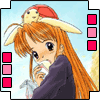 Anime-style character with long orange hair wearing dark purple top and red cap with yellow turtle, holding white object near mouth, light blue background with pink and red squares.