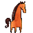 Pixelated orange horse with dark brown mane and tail stands in profile against solid gray background.