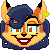 Pixel art character with orange fur, blue hair, and yellow flower accessory in six variations showing eye expressions from open to closed.