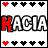 A 4x4 contact sheet of animated frames showing the name "KACIA" in various color schemes with heart and arrow symbols above and below, each frame displaying a different color palette for text and icons.