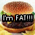 Pixelated image of a hamburger with visible layers and overlaid text reading "I'm FAT!!!" in white letters on black background.