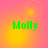 Green pixelated text 'Molly' on a gradient background shifting between pink and yellow hues with circular light effects.