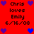 Red background displays repeated text "Chris loves Emily 6/16/03" with purple and blue heart icons in two distinct arrangements.
