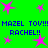 Green background with pink stars and blue pixelated text repeating 'MAZEL TOV!!! RACHEL!!' in two