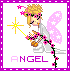 Pixelated angel with blonde hair, pink wings, and a flower crown holds a glowing yellow wand while kneeling on white background.