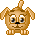 Pixelated cartoon dog with brown fur, black nose, and white eyes appears in two side-by-side frames showing slight head movement.