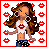 Pixel art of a woman with long brown hair wearing a white crop top and blue jeans, surrounded by red lips on the left; four show 'Kisses' text variations with XOXO patterns
