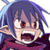 Pixelated anime-style character with purple hair and red eyes shouting, wearing a dark outfit with magenta accents on the collar.