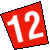 Red triangular shape with black outline containing white numerals '12' in pixelated style.