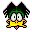 Pixelated cartoon character with black spiky hair, green face, yellow body, and white eyes showing various expressions including open mouth, closed eyes, pink cheeks, and tongue out.