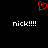 Red pixelated heart symbol above two identical white text strings reading 'nick!!!!' on a black background.