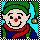 Pixelated character with green hair, red nose, and red scarf against blue background.