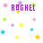 Pixelated graphic with purple text "ROCHEL" surrounded by multicolored stars on white background.