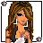Animated contact sheet of a pixel art character with long brown hair, blue eyes, and black-and-white outfit holding a pink object across nine frames showing pose changes and text variations.