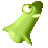 Pixelated green abstract shape with rounded top and tapered bottom, featuring white highlights on upper and lower sections against a gray background.