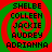 Four identical display a red and green spiral background with black text listing names in a vertical stack