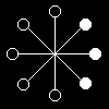 Six white geometric star patterns on black background with one gray square corner, each pattern has eight arms with alternating circle shapes.
