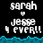 Pixelated text displays 'sarah' above a heart symbol, then 'jesse' and '4 ever!!', with blue wave-like borders on black background.