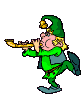 Pixelated elf-like character in green outfit plays flute across six showing walking motion