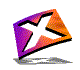 A diamond-shaped icon with a white X symbol rotates through multiple angles against a plain background, displaying varying color gradients and shadows.