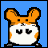 A 4x4 contact sheet of pixel art frames showing a hamster character performing various poses and expressions against colored backgrounds, with text overlays in the bottom-left and bottom-right corners.