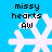 Pixelated white snowflake on bright blue background with black text 'missy hearts AW' above it, showing two distinct animation states.