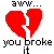 Two side-by-side pixel art images of a broken heart with text below, one red and one black.