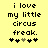 Yellow background with black pixelated text reading 'i love my little circus freak.' and five heart symbols below, where the third heart is gray.
