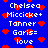 Blue background with red pixel hearts and repeated white text listing names like Chelsea, Micicke+, Tanner, Garis=, love in a vertical arrangement.