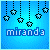 Pixelated blue background with hanging star shapes and the text 'miranda' in a stylized font, showing animation changes across frames.