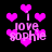 Pixelated pink text and hearts on black background, with repeated 'i love sophie' phrases surrounded by floating heart shapes.