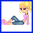 Pixel art contact sheet showing three frames of an animated buddy icon with a blonde cartoon character, blue background text, and website branding.