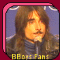 Six distinct headshots of young men with microphones, each labeled 'BBoys Fans' in yellow text, arranged in a with pink borders on a maroon background