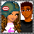 Pixel art contact sheet showing two static frames of an animated buddy icon with cartoon characters and text on a gray background.