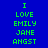 Green pixelated text "I LOVE EMILY JANE ANGST" on blue and yellow background split horizontally, with identical text on gray background.