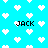 Pixelated cyan background with white heart shapes and black text reading "JACK" in four locations.