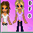 Pixel art contact sheet showing two animated frames of a female character with brown and blonde hair variants, wearing white or purple tops and dark pants against a pink background with "BFB" text.