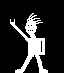 Pixelated white stick figure with spiky hair, square torso, and rectangular limbs against black background; left arm raised in V-shape gesture.