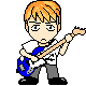 Pixel art character with orange hair playing blue electric guitar, wearing white shirt and gray pants on solid gray background.