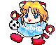 Pixel art character with blonde hair and cat ears holds soccer ball in various poses across four