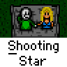 Animated contact sheet showing multiple frames of a pixel art buddy icon with two characters in a bed under a starry night sky, labeled "Shooting Star" on each frame.