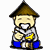 Pixelated character in conical hat and blue pants holds yellow object, alternating between closed and open mouth expressions.