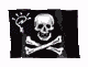 Black flag with white skull and crossed bones, small hand icon above left side of skull.